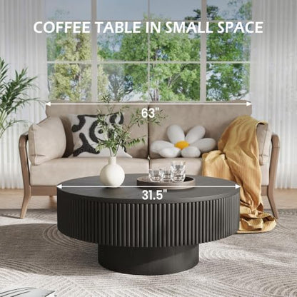 YOUDENOVA 31.5” Round Fluted Coffee Table, Modern Wood Circle Coffee Table, Veneer Handcrafted Relief Tea Table with Sturdy Pedestal for Living Room，Easy Assembly - Black - color: 31" All Black-round
