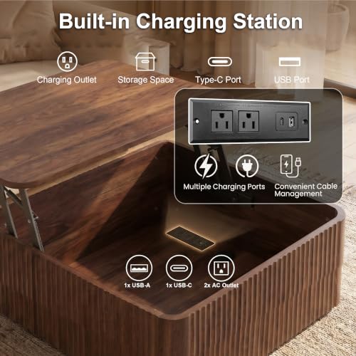 31.5"Walnut Lift Top Coffee Table with Storage for Living Room, LED Lights | Fluted Square Coffee Table,Charging Station, Large Hidden Storage,Mid Century Modern Design, Heavy-Duty Hydraulic Gas Spring