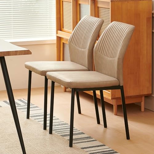 PU Leather Dining Chairs Set of 2, Mid-Century Modern Beige Leather Kitchen Chairs, Armless Dining Room Chairs with Black Metal Legs for Dining Room, Living Room - color: Beige, size: 2 Chairs