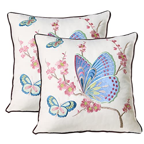 Set of 2 Embroidered Decorative Throw Pillow Covers Couch Square Pillowcases Cushion for Bedroom Sofa Farmhouse Decor 18x18 Inch (Blue Butterfly) - color: Blue Butterfly