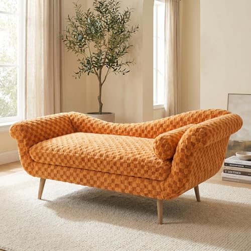 ERYE Upholstered Left Facing Chaise Lounge Chair W/Scroll Arms and Wood Legs, Elegant Chaise Lounge Square Pattern Accent Recliner Lounger Sofa for Living Room Bedroom - color: Orange Faux Fur/L