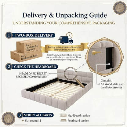 Chenille Fabric Upholstered Platform Bed Frame with Soft Headboard, Modern Low Profile Grounded Design, No Box Spring Needed, Sturdy MDF & Wood Frame, Neutral Style, Beige, Queen - color: Beige, size: Queen (U.S. Standard)
