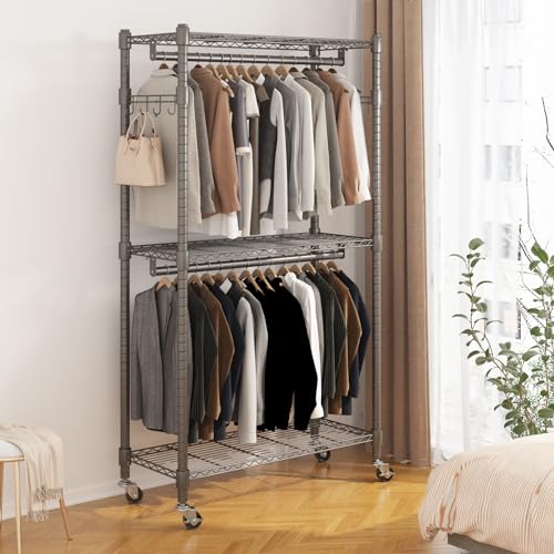 BATHWA Clothes Racks for Hanging Clothes, 35.5" W x 16.5" D x 80.7" H, Rolling Tall Heavy Duty Wardrobe Rack with Shelves & Wheels Metal Freestanding Multifuctional for Bedroom Laundry balcony, Grey - color: Grey, size: Standard