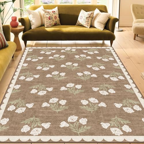 Boho Tan Living Room Rug 6x9 - Soft Washable Floral Neutral Farmhouse Scalloped Bedroom Area Rug Stain Resistant Dining Room Rugs for Under Table Non Slip Rugs for Bedroom Living Room Decor - color: Tan, size: 6' x 9' (Rectangular)