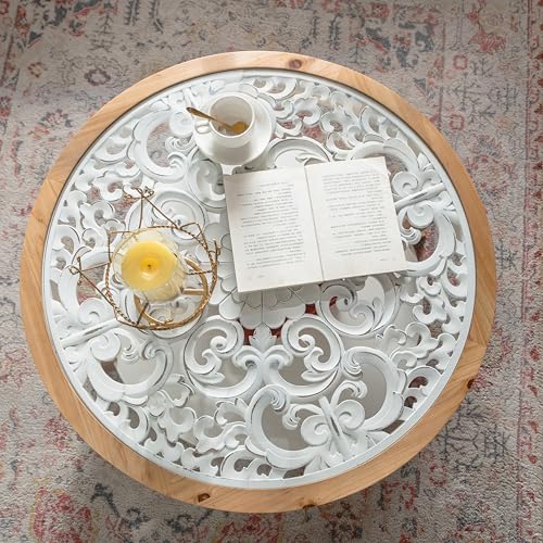 French Country Round Glass Coffee Table, 2-Tier Distressed Circle Storage Center Table with Curved Legs & Removeable Glasstop for Living Room - color: Antique White