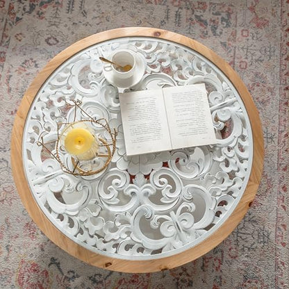 French Country Round Glass Coffee Table, 2-Tier Distressed Circle Storage Center Table with Curved Legs & Removeable Glasstop for Living Room - color: Antique White