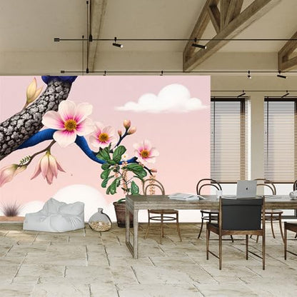 Custom Size Wall Sticker Mural， Blooming Magnolia Tree with Clouds， for wall Decoration， peelandstick wall Decals.