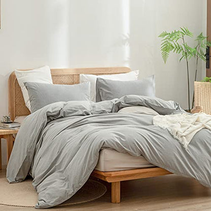 BESTOUCH Cotton Solid Duvet Cover Set Linen Feel Light Grey Full | 100% Washed Cotton, Soft Wrinkle Texture, Hidden Zipper, 8 Ties, Breathable Lightweight Durable Comfy, 3 Pcs No Insert - color: Light Grey (No Comforter), size: Full (80" X 90")