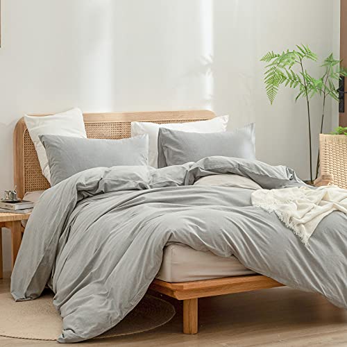 BESTOUCH Cotton Solid Duvet Cover Set Linen Feel Light Grey Oversized Queen | 100% Washed Cotton, Soft Wrinkle Texture, Hidden Zipper, 8 Ties, Breathable Lightweight Durable Comfy, 3 Pcs No Insert - color: Light Grey (No Comforter), size: Oversized Queen