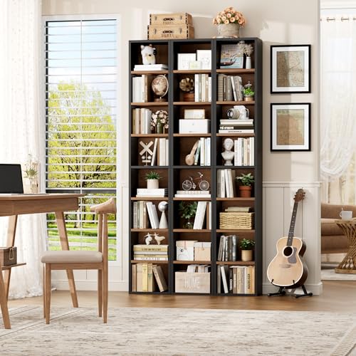 FOTOSOK 2 Pcs 71'' Tall Narrow Bookshelf, 8-Tier Media Tower Rack Set of 2 | CD DVD Storage Cabinet with Adjustable Shelves, Tall Narrow Bookcase Skinny Display Bookshelf Slim Shelf, Black/Brown - color: Black/Brown