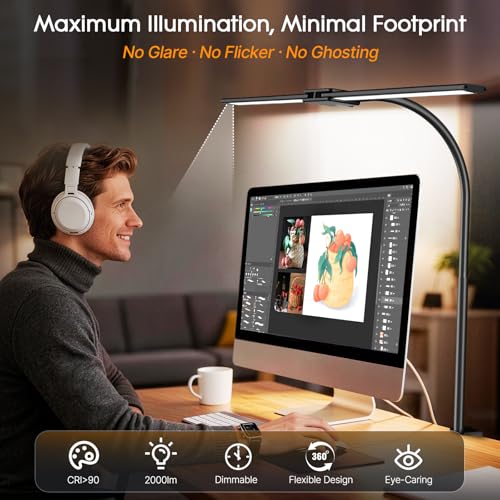 Syrinx LED Desk Lamp for Home Office, 18W 2000LM Dual Head Architect Lamp | Wide-Area Eye-Caring Lighting, Adjustable Gooseneck, Gesture & Wired Control, Memory & Timer, 50 Modes for Study & Crafting - color: Black