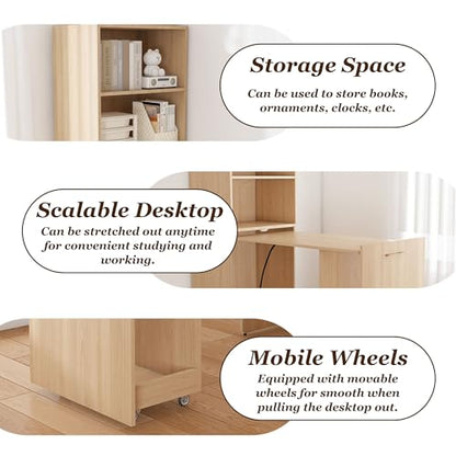 HRVEOCEI Bamboo Fold Out Desk with Storage, Mid Century Hideaway Desk for Small Spaces, Folding Computer Desk for Home Office Bedroom Apartment, Space Saving (Natural Wood) - color: Natural Wood