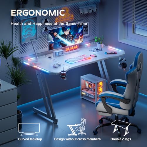 HLDIRECT 63 Inch Gaming Desk with App-Controlled RGB LED Lights, White | Z-shaped frame design, cup holder, headphone hook, cable management & mouse pad, for dual-monitor gaming and work setup - size: 63 INCH WHITE