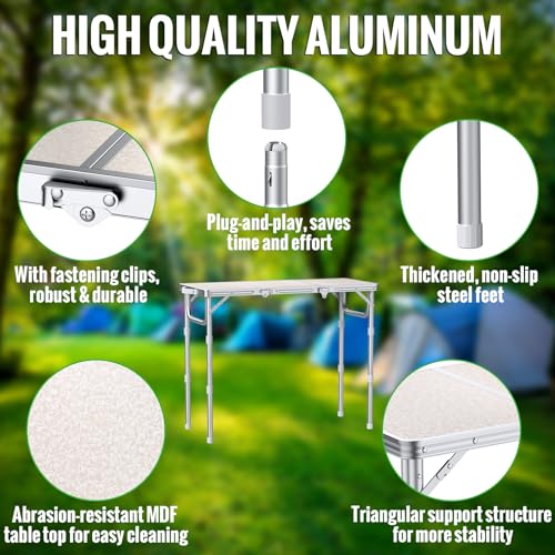 GARLLEN Folding Camping Table Max Capacity 66lbs, 3-Height Adjustable Picnic Table with MDF Tabletop, Portable Folding Tables for Camping, Travel, Outdoor, 34.2" L x 15.7" W, Silver - color: Silver, size: Tabletop Size: 34.2"L x 15.7"W