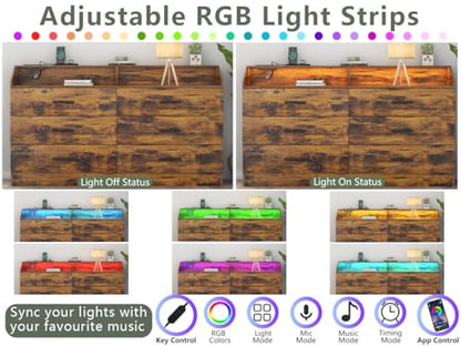 6 Drawer Dresser for Bedroom with Charging Station, Dresser with LED Light | Chest of Drawers for Closet, Modern Dressers with Open Storage Cubby, Double Wide Dressers - color: Brown