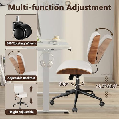 CLATINA Armless Home Office Chair, Desk Chair with Wheels, Adjustable Height Reading Chairs, Leather Mid Back & Swivel Computer Chairs, Modern Walnut with Back for Study Meeting Room(White) 2Pack - color: White Diamond-a, size: 2 Pack