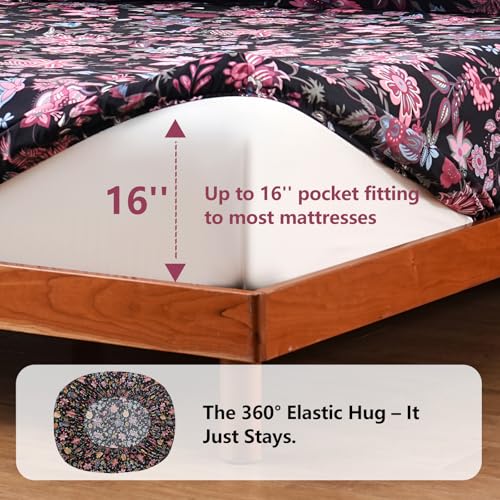 Bedlifes Floral Pattern Bed Sheet Set Twin Size, 16" Deep Pocket 3-Piece | Ultra Soft Microfiber, Breathable & Silky, OEKO-TEX Certified, Easy-Care Machine Washable, 3-Piece, All-Season Spring Bedding - color: Black Red, size: Twin