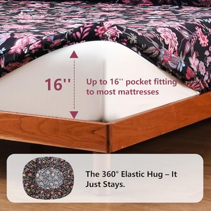 Bedlifes Floral Pattern Bed Sheet Set Twin Size, 16" Deep Pocket 3-Piece | Ultra Soft Microfiber, Breathable & Silky, OEKO-TEX Certified, Easy-Care Machine Washable, 3-Piece, All-Season Spring Bedding - color: Black Red, size: Twin