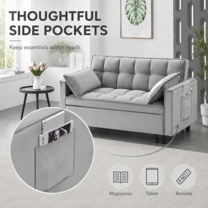 3 In 1 Velvet Convertible Sofa Bed, Pull Out Couch Bed with Reclining Backrest And 2 Pillows, 54" Full Size Loveseat Sleeper Sofa Futon Couch Bed, Couches For Small Spaces, Living Room (Silver Grey) - color: Silver Grey