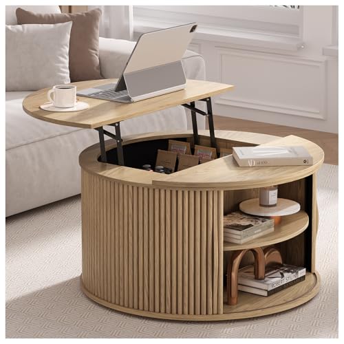 JOINICE Round Lift Top Coffee Table with Storage for Living Room,31.5" | Oak Drum Design,Hidden Storage&Open Shelf,Modern Fluted Center Table for Small Apartments,Easy Assembly,Up to 150 lbs - color: Oak_round_lift Top