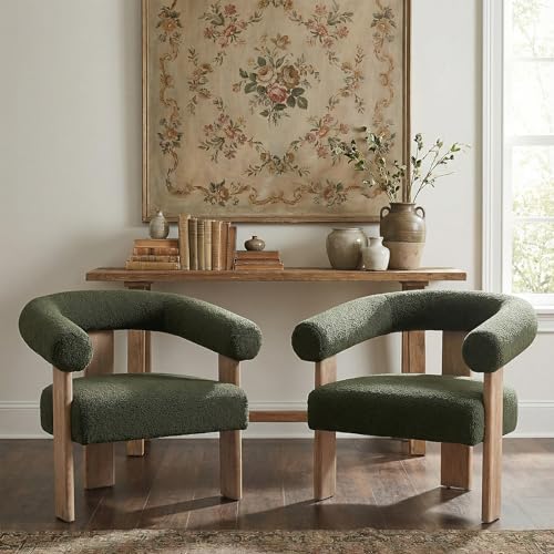 VKNOW Barrel Accent Chairs Set of 2 with Armrests and Rubberwood Legs | Mid Century Modern Upholstered Living Room Chairs with Open Back, Sherpa Fabric, arm chair for Living Room, Bedroom, Green - color: Green, size: Set of 2