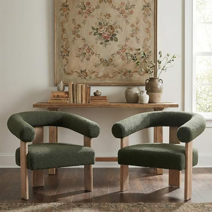 VKNOW Barrel Accent Chairs Set of 2 with Armrests and Rubberwood Legs | Mid Century Modern Upholstered Living Room Chairs with Open Back, Sherpa Fabric, arm chair for Living Room, Bedroom, Green - color: Green, size: Set of 2