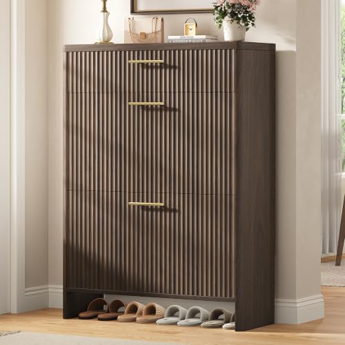 Fluted Shoe Storage Cabinet for Entryway, Narrow Wooden Shoe Cabinet with 2 Flip Drawers & Pull-Out Drawer, Modern Freestanding Slim Shoe Organizer Rack for Foyer/Hallway/Living Room, Walnut - color: Walnut