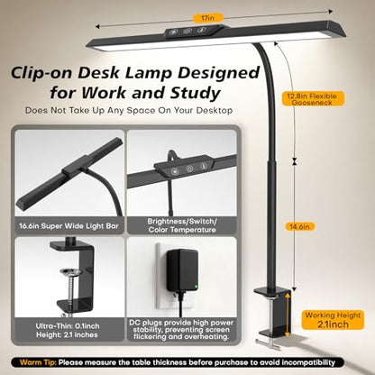 LED Desk Lamp with Clamp, Stepless Dimming Flicker-Free for Home Office | Architect Lamp, DC Adapter, 25 Modes, 12.8in Flexible Gooseneck, Eye-Friendly for Workbench & Reading - color: Black