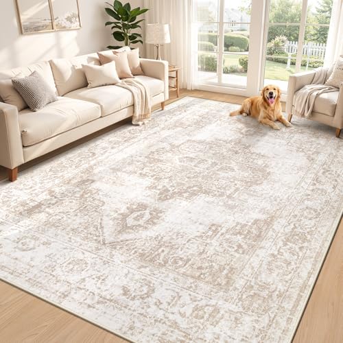 Area Rug 6x9 Vintage Rug: Washable Indoor Medallion Rugs Low Pile Distressed Floor Carpet Retro Accent Rug for Living Room Bedroom Kitchen Dining Table Home Office(Beige, 6'x9') - color: Beige, size: 6' x 9' (Rectangular)