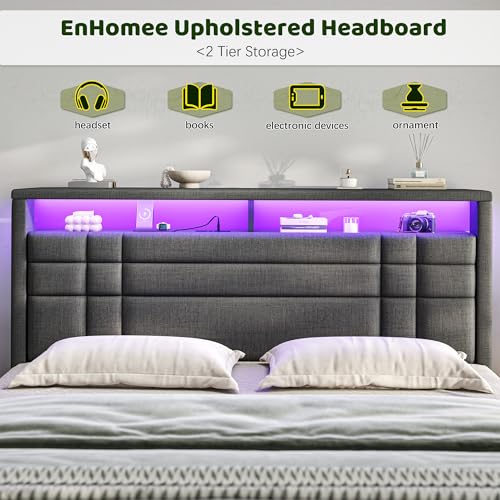 EnHomee Queen Upholstered Bed Frame with Charge Station & LED Lights, Grey | 2-Tier Shelves Headboard, 12" Under-Bed Storage Space, Noise-Free, No Box Spring Needed, Easy Assembly - color: Grey, size: Queen (U.S. Standard)