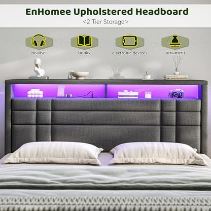 EnHomee Queen Upholstered Bed Frame with Charge Station & LED Lights, Grey | 2-Tier Shelves Headboard, 12" Under-Bed Storage Space, Noise-Free, No Box Spring Needed, Easy Assembly - color: Grey, size: Queen (U.S. Standard)