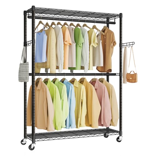 SONGMICS Heavy-Duty Rolling Clothes Rack, Garment Rack, Portable Closet on Wheels, with Adjustable Mesh Shelves and Hanging Rails, Hooks, 15.8 x 43.3 x 78.3 Inches, Ink Black ULGR417BH01 - size: 43.3"W