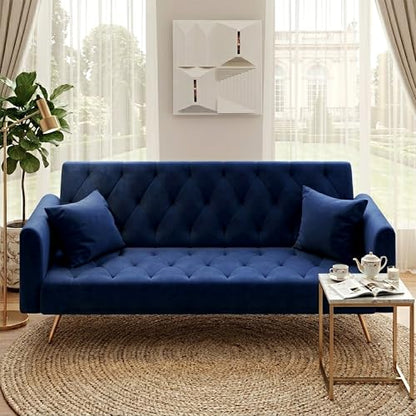 Anwick 72''Modern Velvet Sofa Bed Futon,Convertible Folding Sleeper Couches with 3 Adjustable Backrests,Tufted Recliner Loveseat with Golden Chrome Legs for Living Room Apartment Office (Blue) - color: Blue