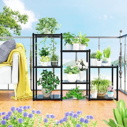 Simple Trending Plant Stand Indoor Outdoor, Heavy Duty Metal Waterproof 7 Tiered Plant Shelf for Multiple Flower Planter Holder Tall Large Rack, Black
