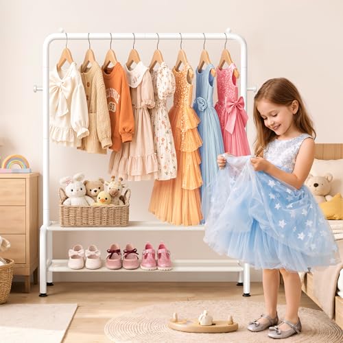 Kids Clothing Rack - Dress Up Clothes Rack - Baby Toddler Closet - Mini Freestanding Coat Racks with 2 Fabric Shelves - Small Kids Costume Wardrobe - Garment Rack for Hanging Clothes Organizer - color: White