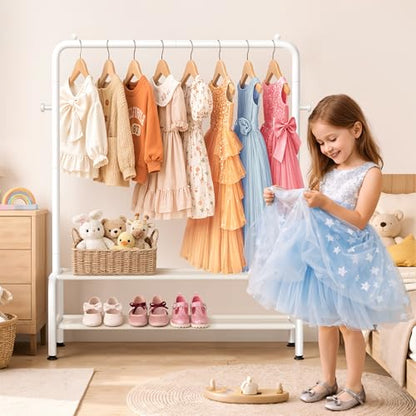 Kids Clothing Rack - Dress Up Clothes Rack - Baby Toddler Closet - Mini Freestanding Coat Racks with 2 Fabric Shelves - Small Kids Costume Wardrobe - Garment Rack for Hanging Clothes Organizer - color: White