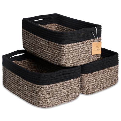 NaturalCozy 13.5”x8.5”x5.5” Rectangle Storage Baskets for Shelves 3 Pack | Cotton Rope Woven Small Baskets for Organizing | Small Storage Bins for Nursery, Bathroom, Closet, Shelf, Decorative - color: Black & Mixed Black, size: 13.5" x 8.5" x 5.5"