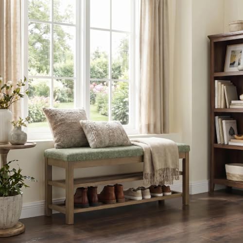 VKNOW 44.3” Entryway Bench, 2-Tier Upholstered Shoe Storage Bench, Green | Shoe Bench with Rubberwood Legs, Shoe Rack for Entryway, Hallway, End of Bed, Living Room - color: Green1