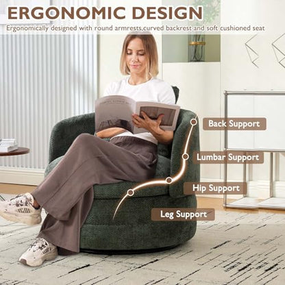 Round Swivel Barrel Chair with Comfy Pillow, Beige Small Accent Chair with Curved Backrest, Modern Upholstered Armchair & Chenille Barrel Accent Chairs for Living Room Bedroom Office (Green) - color: Green