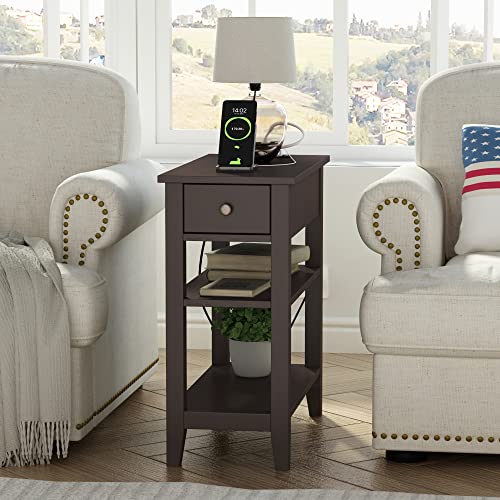 ChooChoo Side Table Living Room with Charging Station and Drawer | Narrow End Table, 3-Tier Sofa End Table, Small Space, Espresso - color: Espresso