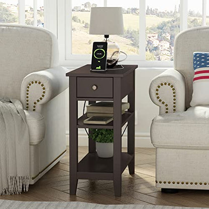 ChooChoo Side Table Living Room with Charging Station and Drawer | Narrow End Table, 3-Tier Sofa End Table, Small Space, Espresso - color: Espresso