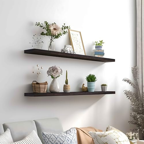 PHPH 48 Inch Wood Floating Shelves for Wall, Wooden Wall Shelves for Bedroom, Set of 4 Brown