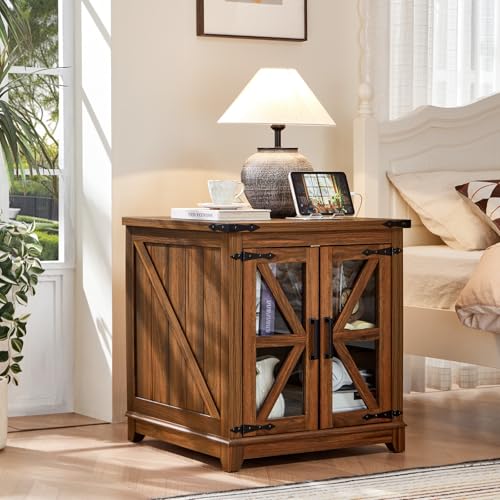 Joaxswe Farmhouse End Table Set 2 for Living Room, Charger Station | USB Ports, Glass Barn Door, Solid Wood Legs, 24" Large Sofa Side Table, Adjustable Shelf, Brown Square Table for Bedroom - color: Brown, size: Set 2