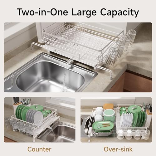 Runnatal Large Dish Drying Rack, Extendable Dish Rack Over Sink | Stainless Steel Dish Strainer with Drainboard, Utensil Holder & Cup Holder for Kitchen Counter, White - color: White