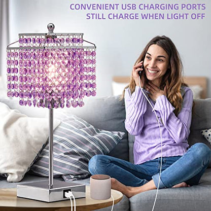 Luvkczc Crystal Table Lamp, Touch Lamp with USB C+A Ports, Dimmable Lamp with Crystal Shade, Purple Nightstand Lamp for Girl Bedroom, Living Room, Bulb Included - color: Purple
