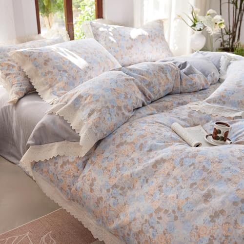 Blue Floral Full Size Duvet Cover Cotton Ruffle Full Comforter Cover Double Gauze Soft Lace Trim Boho Duvet Cover Set with Zipper Farmhouse Lightweight Bedding Set Pattern Duvet Protector - color: C Floral14, size: Full(Duvet Cover and 2 Pillows Sham)