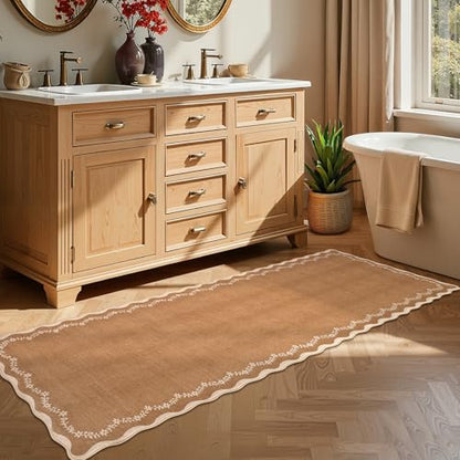 GarveeHome 2x6 Scalloped Washable Runner Rug Non Slip Hallway Kitchen Rug | Soft Brown Runner Entryway Rug Farmhouse Thin Laundry Mat Stain Resistant Carpet for Bedroom Bathroom Beside Rug - color: Brown, size: 2' x 6' (Rectangular)