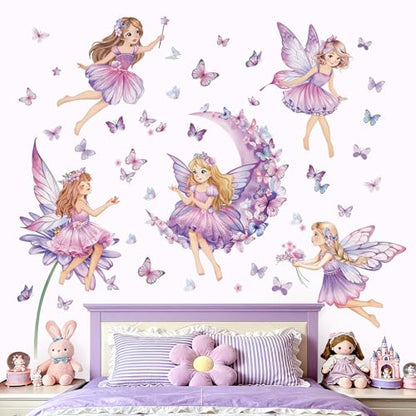 wondever Purple Fairy Girl Wall Decals Moon Butterfly Flower Wall Stickers | Peel and Stick, Removable, Wall Art Decals, Wall Decoration, Kids Room, Girls Bedroom Baby Nursery Playroom Decor