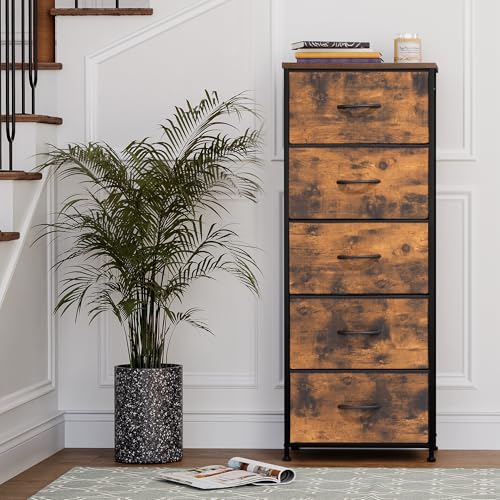 Tall Dresser Vertical Fabric Storage Tower, 5 Drawers (Rustic Brown) | Sturdy Steel Frame, Wood Top and Easy Pull Handle, Space-saving Organizer for Clothes, Bedroom, Hallway, Entryway, Closets - color: Rustic Brown, style: Narrow