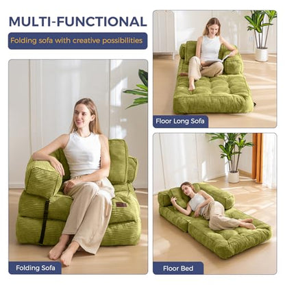 MAXYOYO Folding Sofa Bed, Convertible Chair Bed with Pillow | L-Shaped Floor Sofa with Armrest and Pillow, Foldable Portable Fold Out Comfy Chair Bed for Living Room Bedroom, Green - color: Green